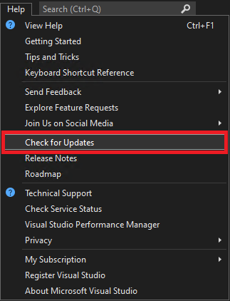 Snímek obrazovky s nabídkou Vyhledat aktualizace v nabídce Nápověda k sadě Visual Studio