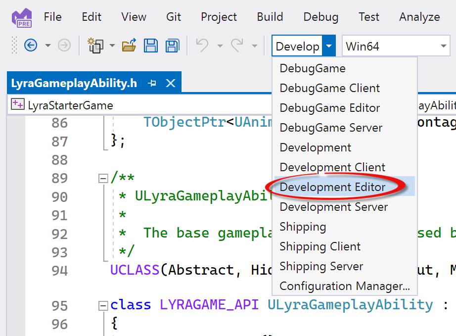 Snímek obrazovky Visual Studio s rozbaleným rozevíracím seznamem Konfigurace řešení a vybraným Vývojovým editorem.