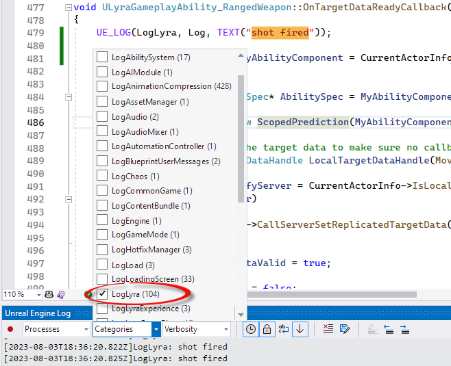 Snímek obrazovky s oknem Unreal Engine Log showing 'shot fired' events and the Categories dropdown with LogLyra selected.