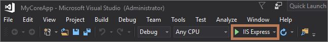 Snímek obrazovky zobrazuje na panelu nástrojů v sadě Visual Studio zvýrazněné tlačítko I I S Express.