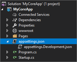 Snímek obrazovky ukazuje vybraný a rozbalený soubor appsettings.json v Průzkumníku řešení v sadě Visual Studio.