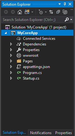 Snímek obrazovky ukazuje projekt MyCoreApp vybraný v Průzkumníku řešení v sadě Visual Studio.