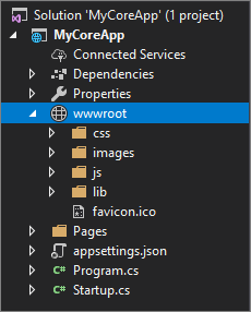 Snímek obrazovky ukazuje kořenovou složku w w w vybranou v Průzkumníku řešení v sadě Visual Studio.