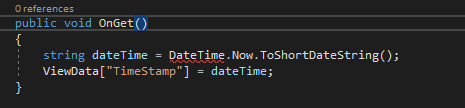 snímek obrazovky zobrazuje chybovou značku ve formě vlnovkového podtržení pro DateTime v editoru kódu sady Visual Studio.