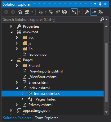 Snímek obrazovky ukazuje soubor index.cshhtml vybraný v Průzkumníku řešení v sadě Visual Studio.