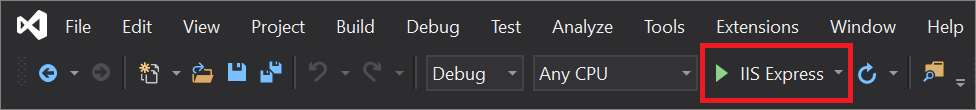 Snímek obrazovky se zvýrazněným tlačítkem IIS Express na panelu nástrojů pro Visual Studio