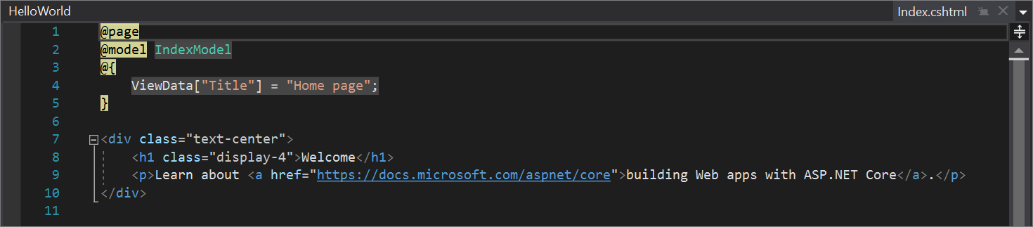 Snímek obrazovky ukazuje soubor Index c s h t m l pro Domovskou stránku v editoru Visual Studio.