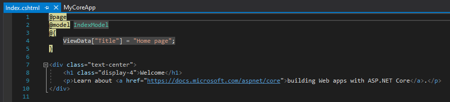 Snímek obrazovky ukazuje soubor Index.c s h t m l otevřený v editoru Visual Studio Code.