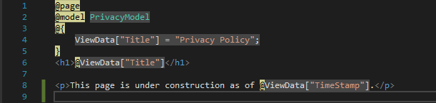 Snímek obrazovky ukazuje soubor Privacy dot c s h t m l otevřený v editoru kódu sady Visual Studio s aktualizovaným textem.