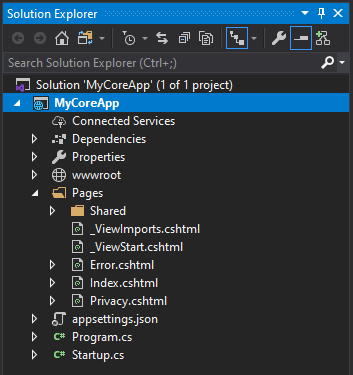 Snímek obrazovky zobrazuje obsah složky Stránky v Průzkumníku řešení v sadě Visual Studio.