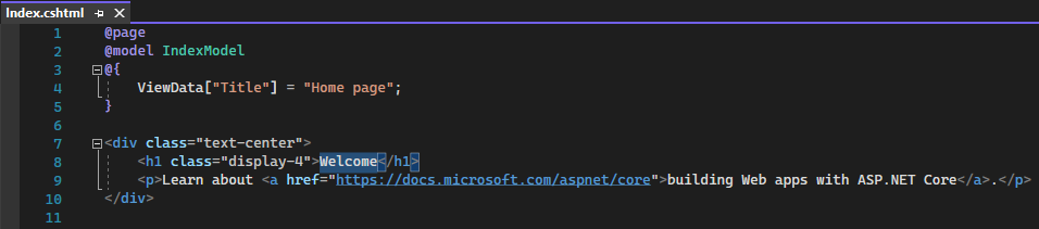 Snímek obrazovky ukazuje soubor Index.cshtml pro domovskou stránku v editoru Visual Studio Code.