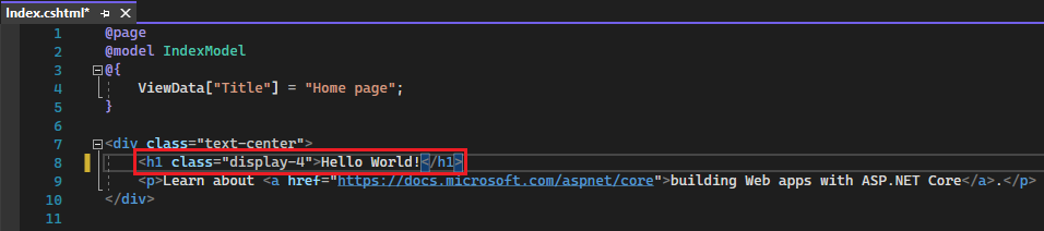 snímek obrazovky ukazuje soubor Index.cshtml v editoru Visual Studio Code se změněným textem Vítejte na Hello World!.