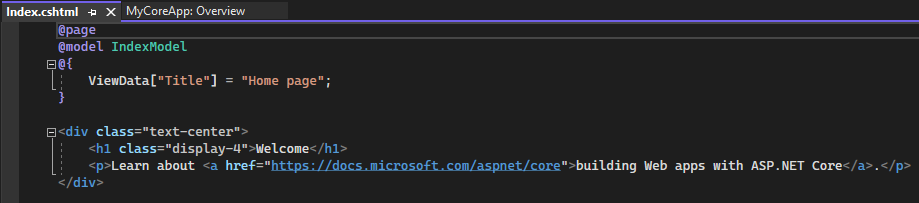 Snímek obrazovky ukazuje soubor Index.cshtml otevřený v editoru Visual Studio Code.