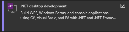 Screenshot showing the .NET desktop development workload in the Visual Studio Installer.