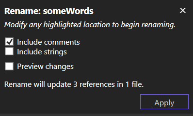 Screenshot of the Rename pop-up box in Visual Studio 2022.