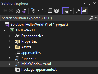 snímek obrazovky s oknem Průzkumníka řešení zobrazující vlastnosti, odkazy, prostředky a soubory v projektu HelloWorld Je vybrán soubor MainWindow.xaml.