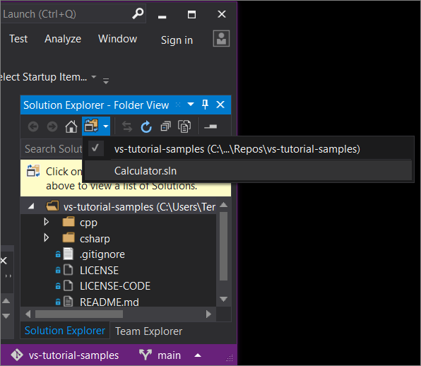 snímek obrazovky s rozevíracím seznamem Průzkumníku řešení v sadě Visual Studio 2019 verze 16.7 a starších verzí