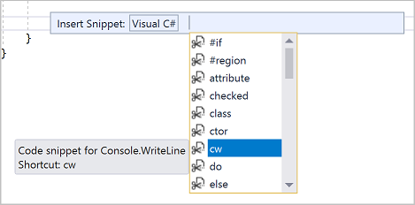 snímek obrazovky s místní možností IntelliSense pro seznam fragmentů kódu jazyka C#.