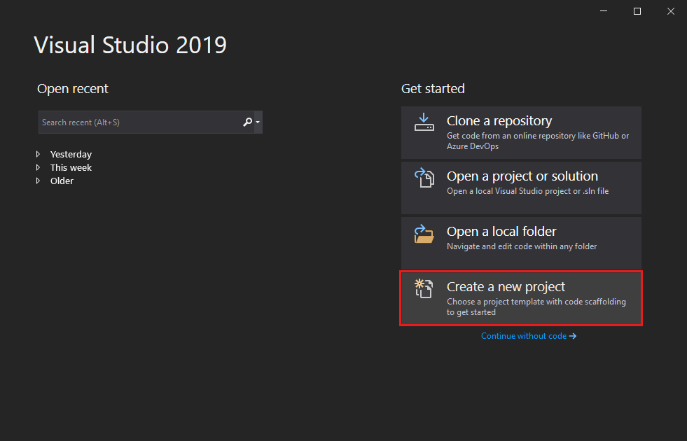 Snímek obrazovky ukazuje možnost Vytvořit nový projekt v úvodním okně sady Visual Studio 2019.