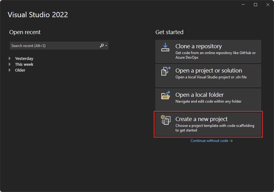 Snímek obrazovky ukazuje možnost Vytvořit nový projekt v úvodním okně sady Visual Studio.