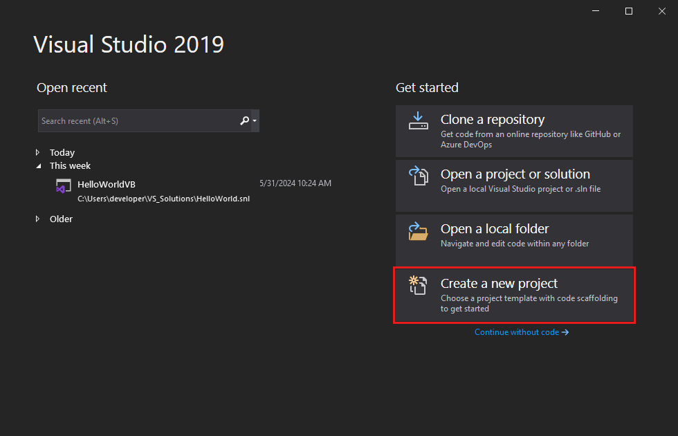 Snímek obrazovky s možností Vytvořit nový projekt v úvodním okně sady Visual Studio