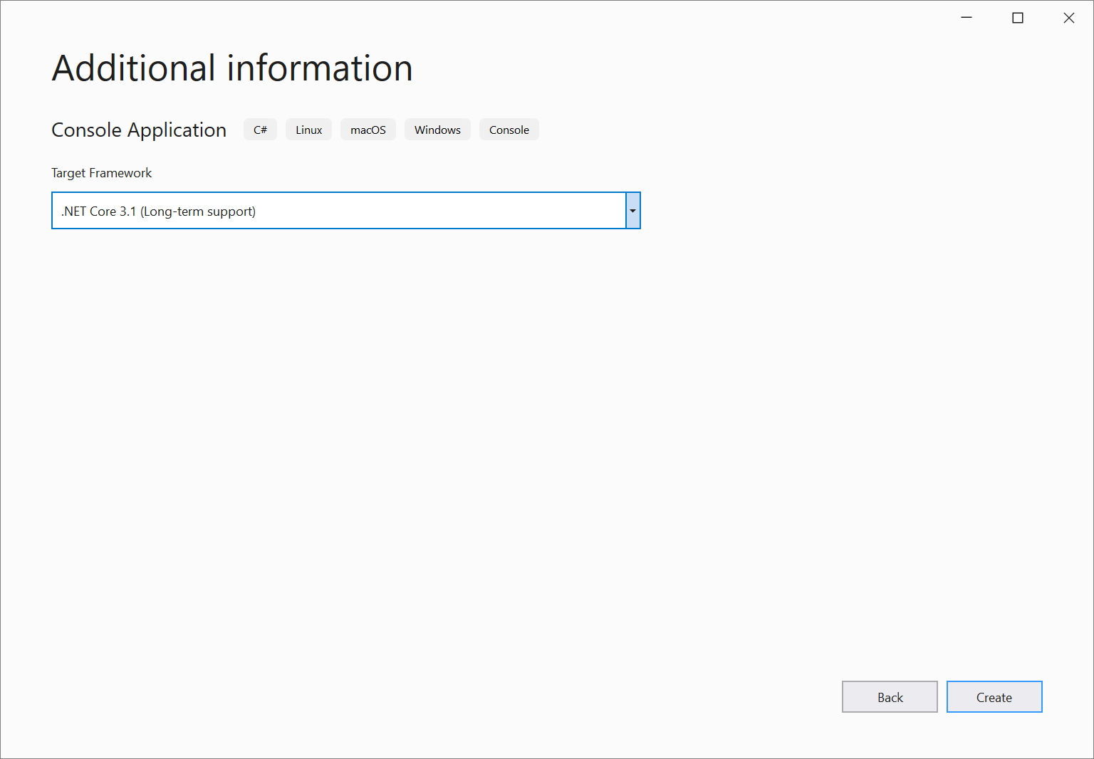 Snímek obrazovky s oknem Další informace v sadě Visual Studio 2019, kde vyberete požadovanou verzi rozhraní .NET Core Framework.