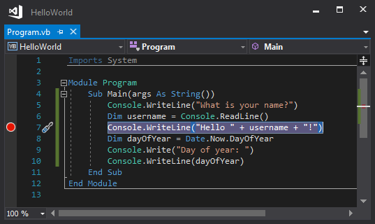 Snímek obrazovky znázorňující zarážku na řádku kódu v sadě Visual Studio