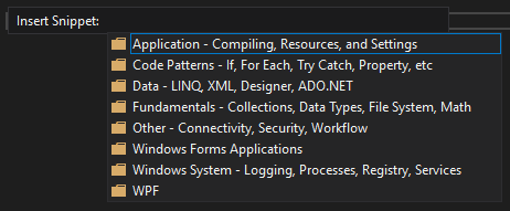 Screenshot showing the Insert Snippet window with a list of category folders that contain Visual Basic code snippets.