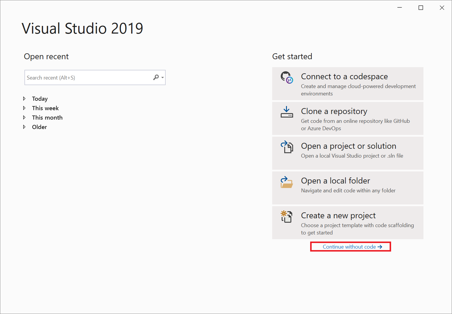 Snímek obrazovky s oknem Start v sadě Visual Studio 2019 se zvýrazněným odkazem Pokračovat bez kódu