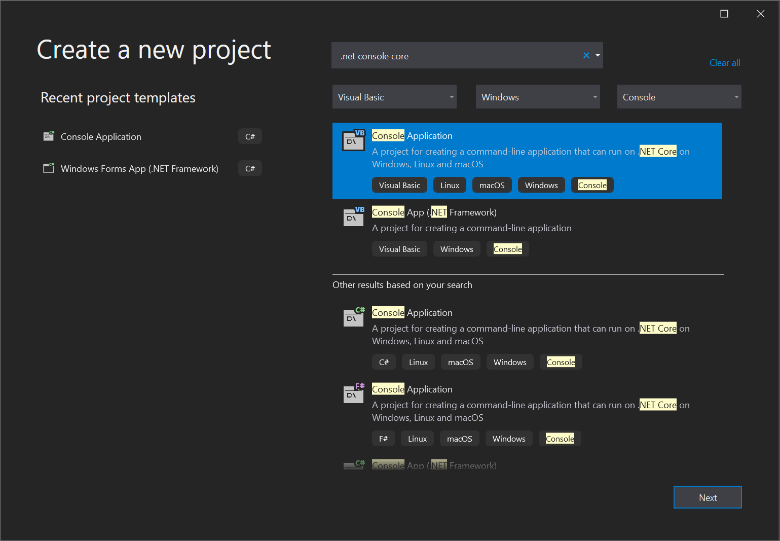 Snímek obrazovky s oknem Vytvořit nový projekt v sadě Visual Studio 2019, kde vyberete požadovanou šablonu.