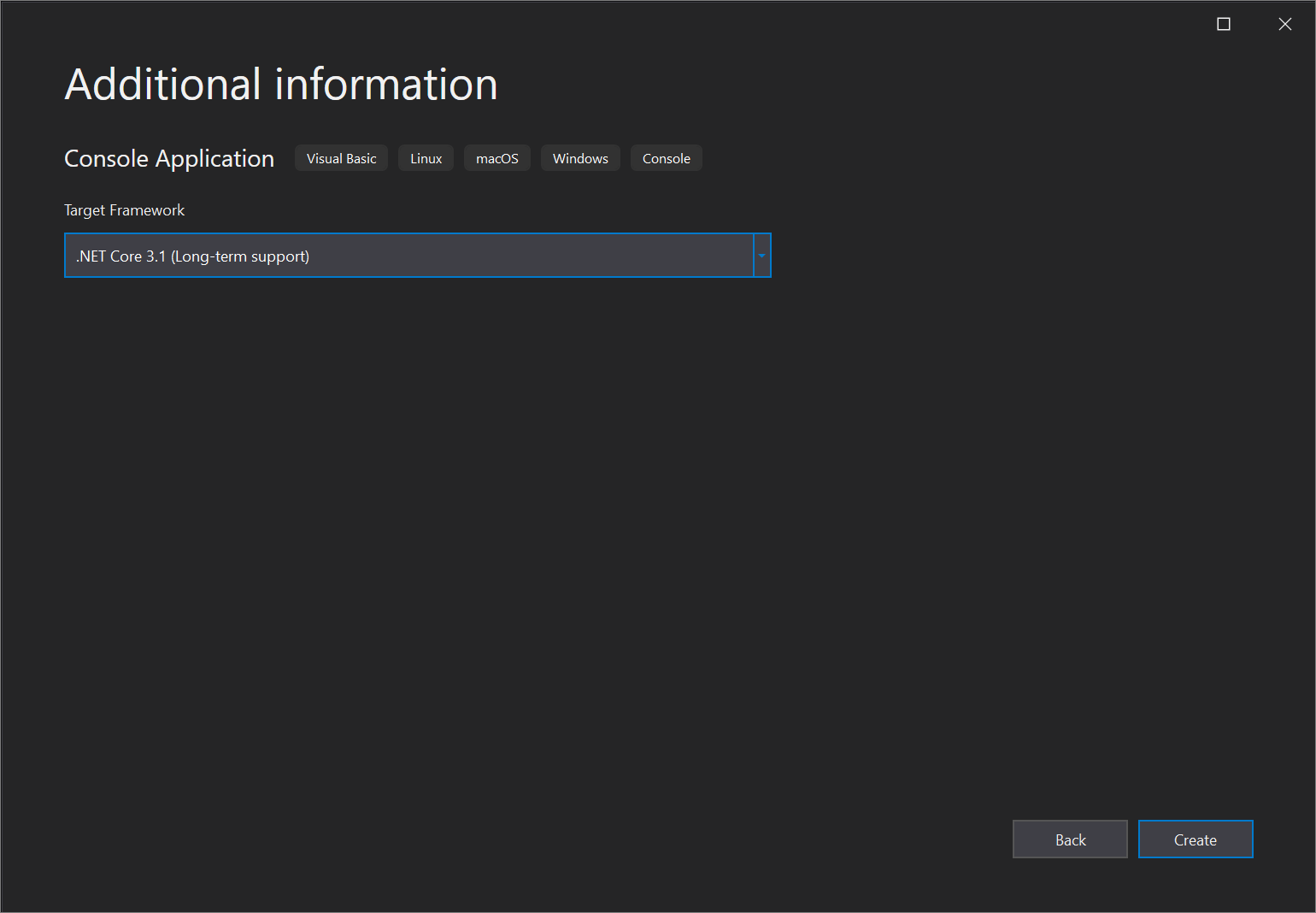 Snímek obrazovky s oknem Další informace v sadě Visual Studio 2019, kde vyberete požadovanou verzi rozhraní .NET Core Framework.