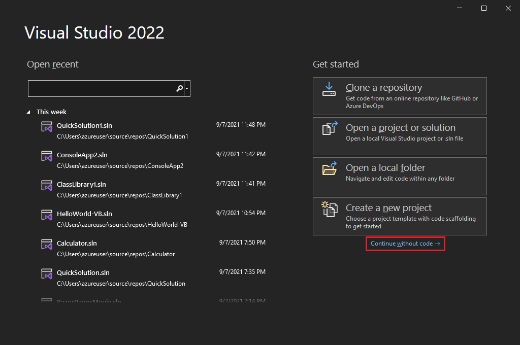 Snímek obrazovky Start sady Visual Studio se zvýrazněným odkazem Pokračovat bez kódu