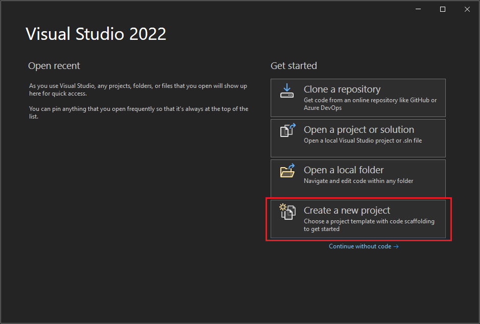 Snímek obrazovky zobrazující úvodní okno sady Visual Studio s vybranou možností Vytvořit nový projekt