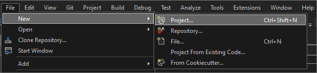 Snímek obrazovky s výběrem možnosti Nový > projekt soubor > z řádku nabídek sady Visual Studio