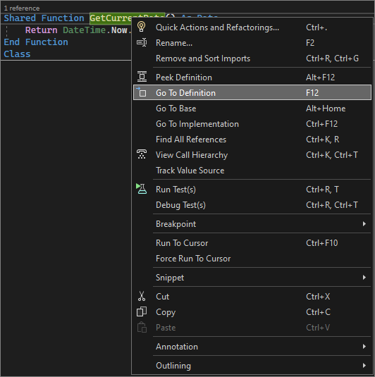 Snímek obrazovky znázorňující možnost Přejít k definici v sadě Visual Studio