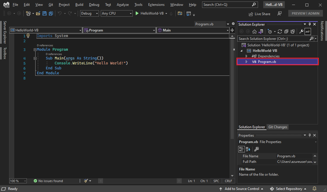 Snímek obrazovky znázorňující visual Studio I D E s kódem Program dot V B v editoru