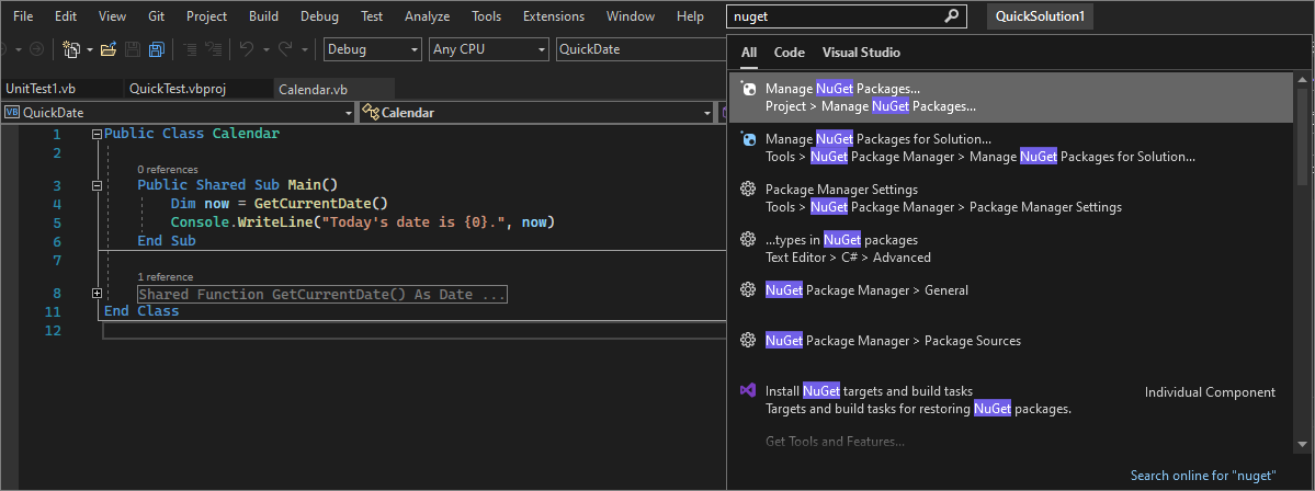 Snímek obrazovky s vyhledávacím polem Snadné spuštění v sadě Visual Studio