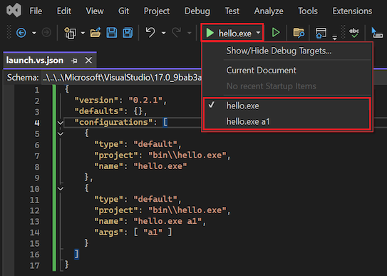 Snímek obrazovky znázorňující dostupné konfigurace v rozevíracím seznamu Cíl ladění v sadě Visual Studio Průzkumník řešení