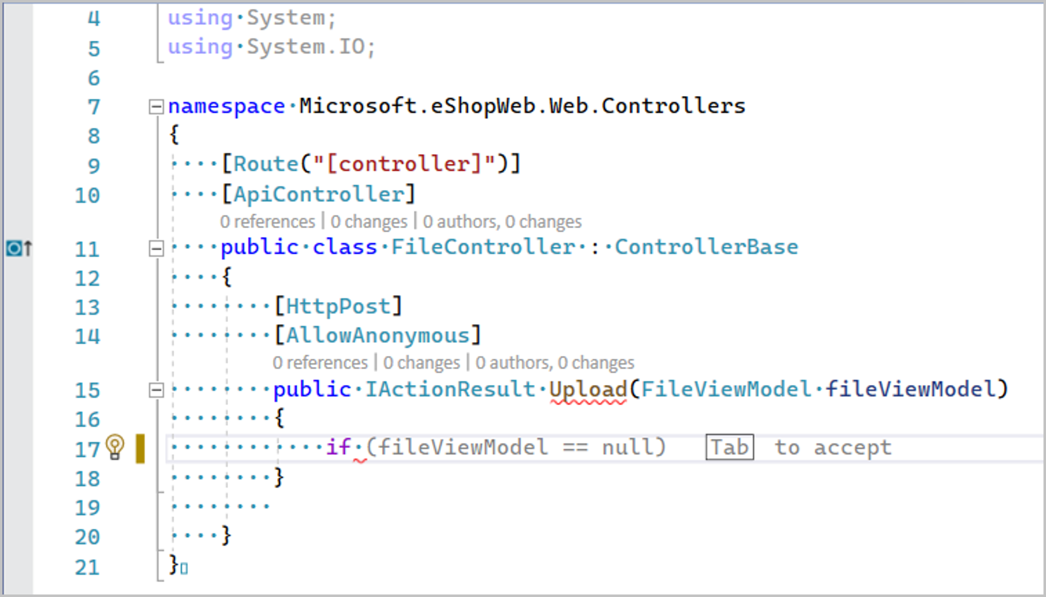 Snímek obrazovky s dokončováním celého řádku pomocí IntelliCode v sadě Visual Studio