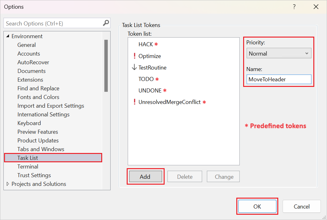 Snímek obrazovky, který ukazuje, jak přidat tokeny pro seznam úkolů v sadě Visual Studio, včetně předdefinovaných a vlastních tokenů