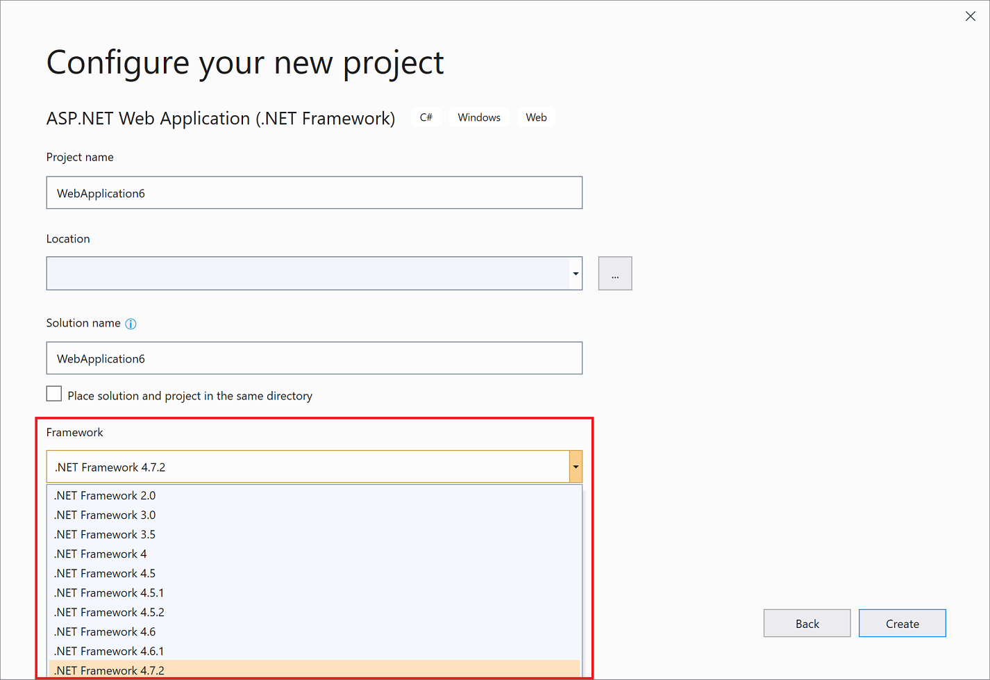 Snímek obrazovky s rozevíracím seznamem Framework v dialogovém okně Konfigurovat nový projekt v sadě Visual Studio 2019