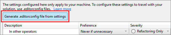 Snímek obrazovky se souborem Generate editorconfig from settings (Vygenerovat soubor editorconfig z nastavení).