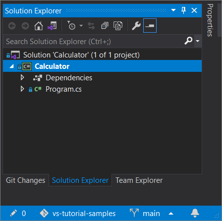 snímek obrazovky projektu v Gitu, který je otevřený v Průzkumníku řešení v sadě Visual Studio 2019 verze 16.8 a novější