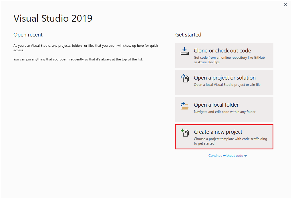 Snímek obrazovky s dialogovým oknem Vytvořit nový projekt v sadě Visual Studio 2019