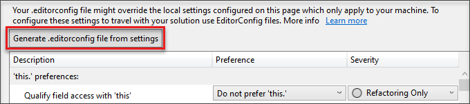 Snímek obrazovky se souborem Generate editorconfig from settings (Vygenerovat soubor editorconfig z nastavení).