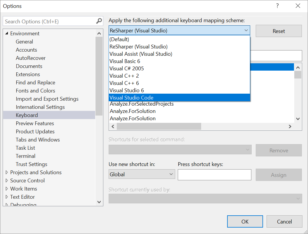 Snímek obrazovky se schématy klávesnice v sadě Visual Studio 2022