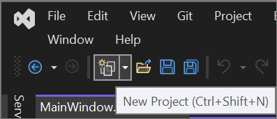 Snímek obrazovky s tlačítkem Nový projekt v sadě Visual Studio 2022