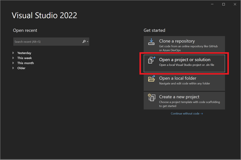 snímek obrazovky okna Otevřít projekt nebo řešení v sadě Visual Studio 2022