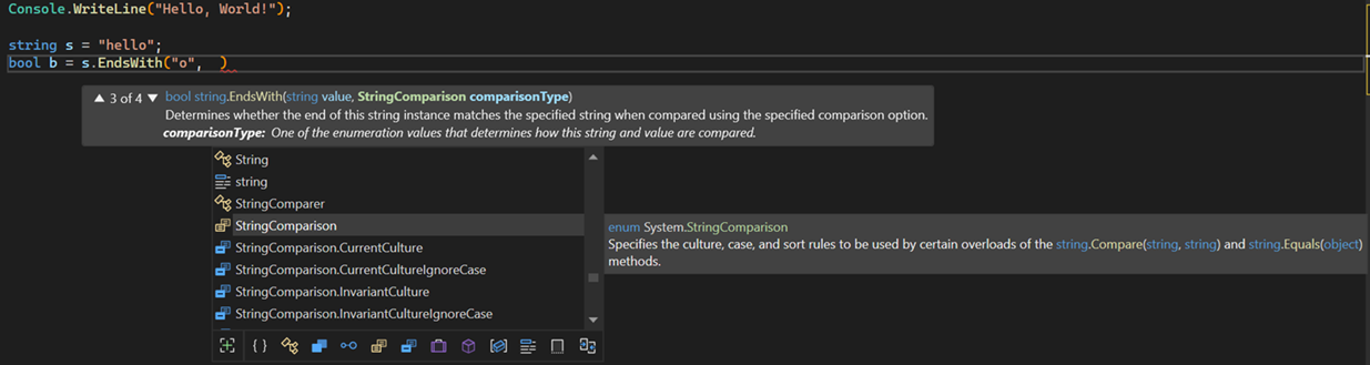 Snímek obrazovky s funkcemi Rychlé informace a Informace o parametrech nástroje IntelliSense