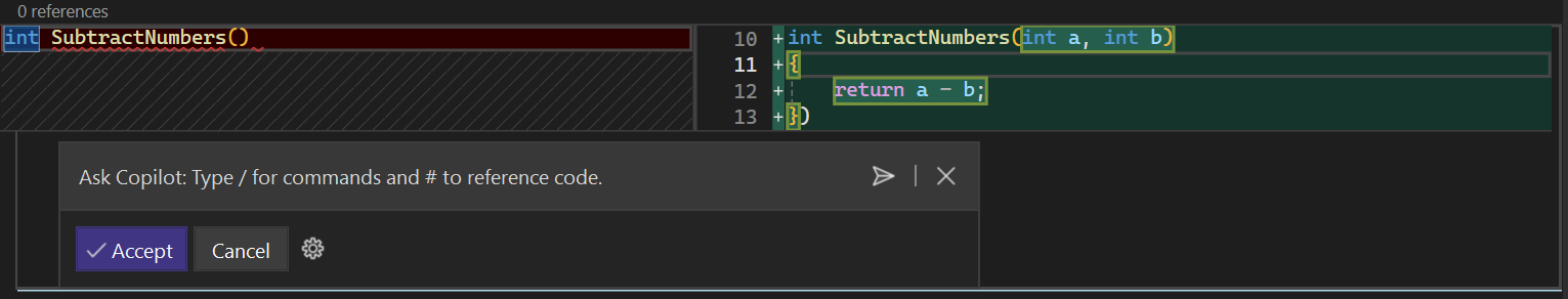 Snímek obrazovky znázorňující úpravu návrhů kódu Copilotu GitHubu v sadě Visual Studio